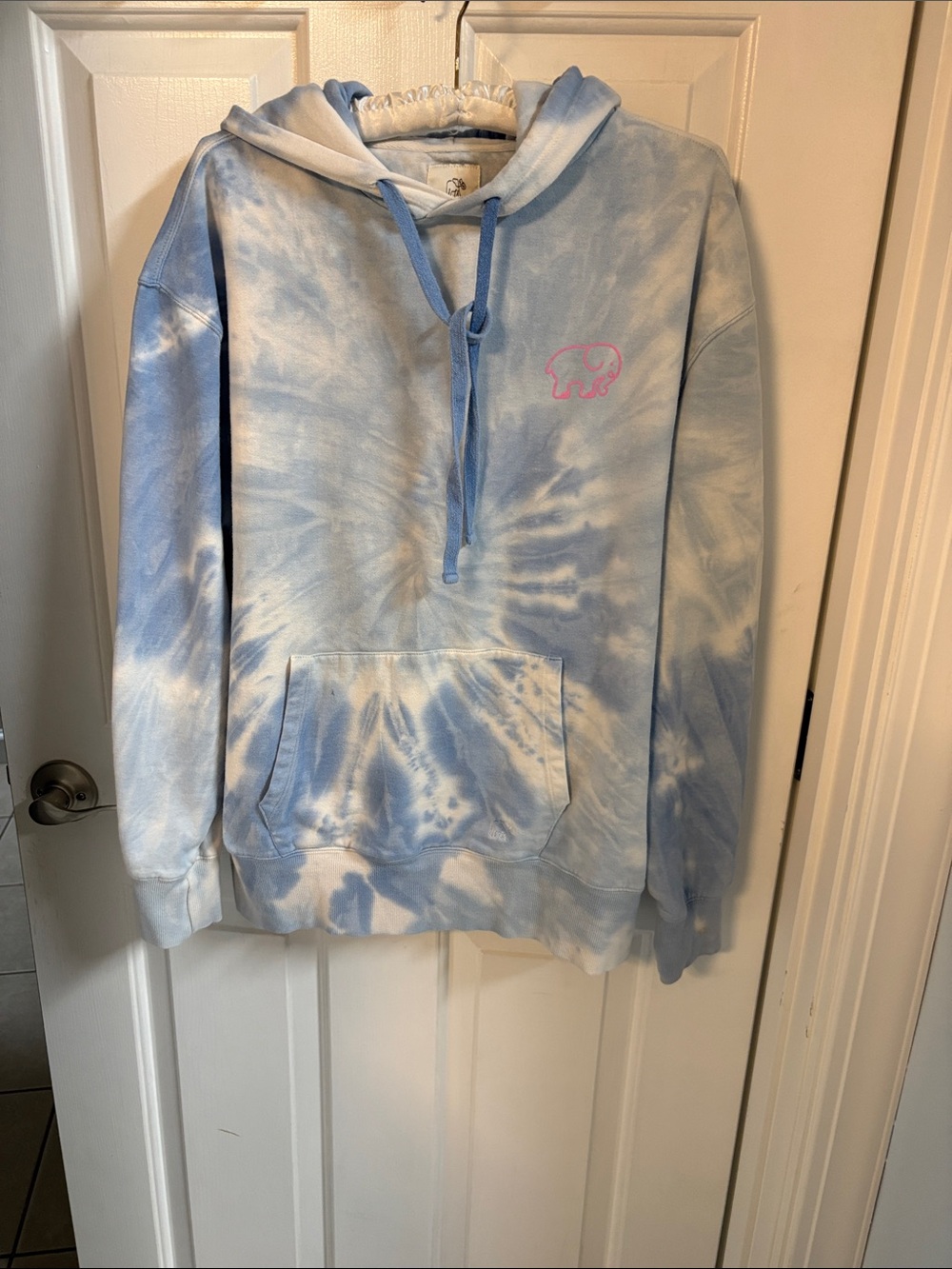 ivory ella Light Blue & White Tie-Dye Hoodie with Pink Elephant Logo